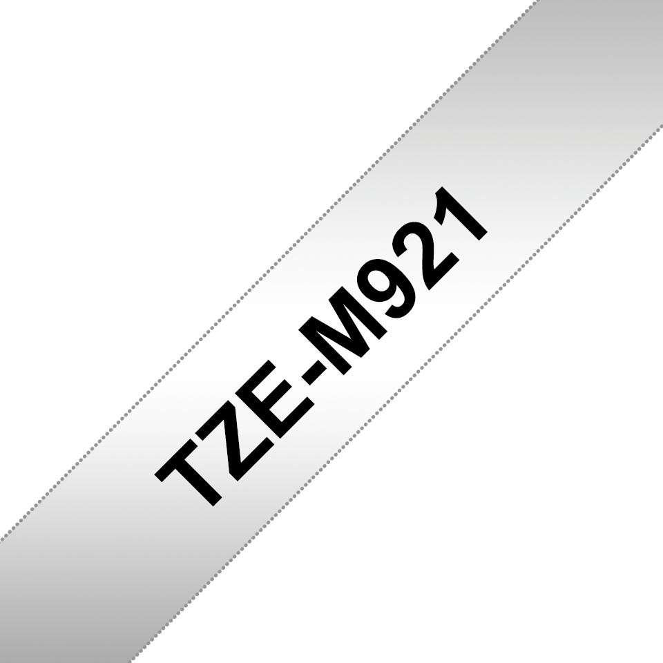 Oryginalna matowa taśma TZe-M921 firmy Brother – czarny nadruk na srebrnym matowym tle, 9 mm szerokości
